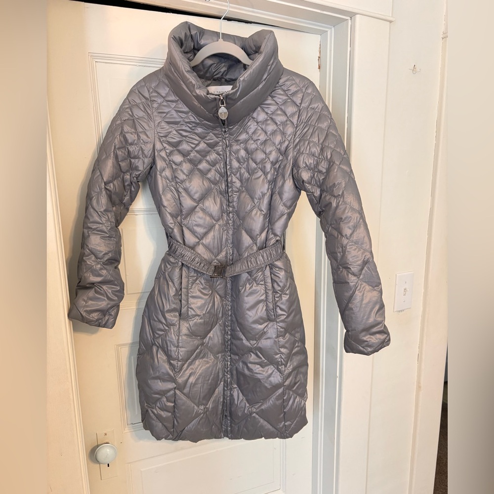 T Tahari Silver Quilted Puffer Coat